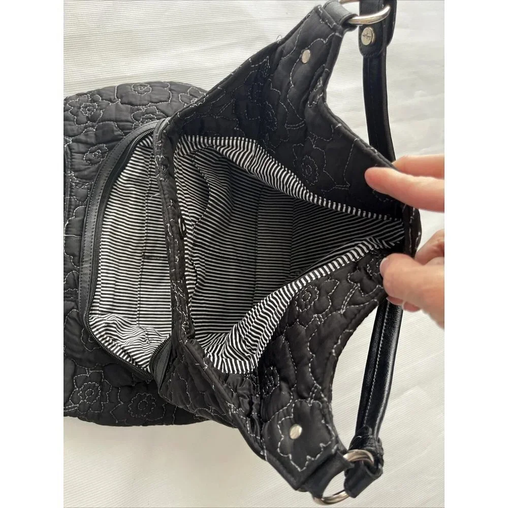 Thirty One Shoulder Bag Womens Black Flower‎ Poppy Quilted Hobo Purse 3 Sections